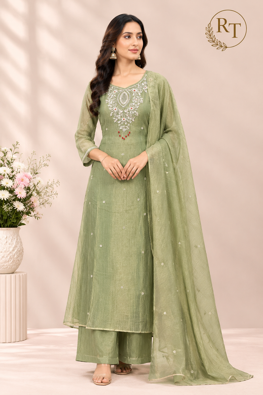 Sage Green Floral Embroidered A-Line Suit (RT1619)