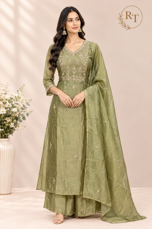 Elegant Sage Green Floral Embroidered A-Line 3-Piece Suit Set (RT1569)