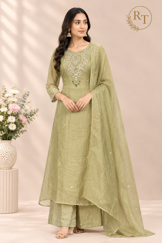 Olive Green Floral Embroidered A-Line Suit (RT1620)