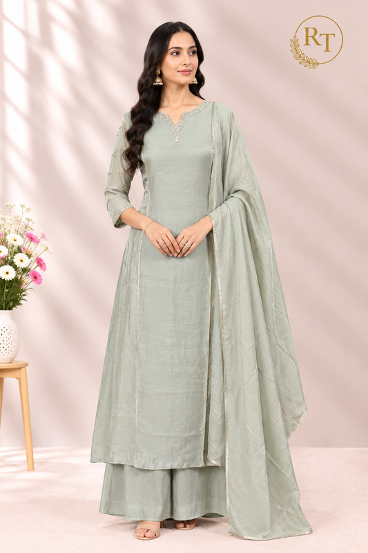 Sage Serenity – Shimmer Mull Chanderi A-Line 3 Piece Suit Set (RT1666)