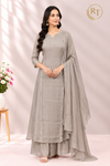Taupe Elegance – Shimmer Mull Chanderi A-Line 3 Piece Suit Set (RT1665)