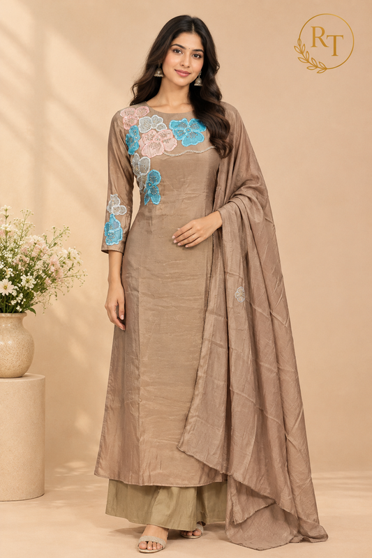 Taupe Floral Embroidered Mull Chanderi Suit Set (RT1594)