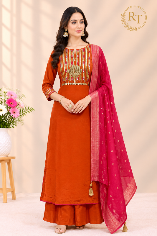 Rust Orange Embroidered HO Fabric Straight Cut Suit Set (RT1692)