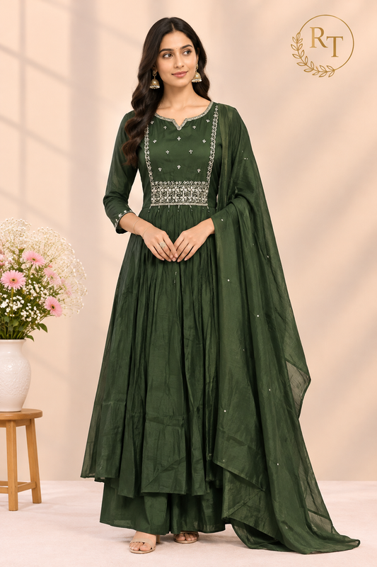 Emerald Royale Mull Chanderi Embroidered A-Line Suit Set (RT1610)