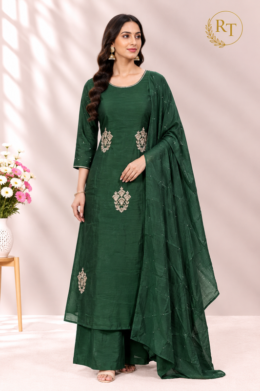 Emerald Grace – Premium Mull Chanderi A-Line 3 Piece Suit Set (RT1653)