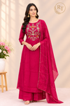Fuchsia Pink Floral Embroidered Mull Chanderi A-Line Suit Set (RT1670)