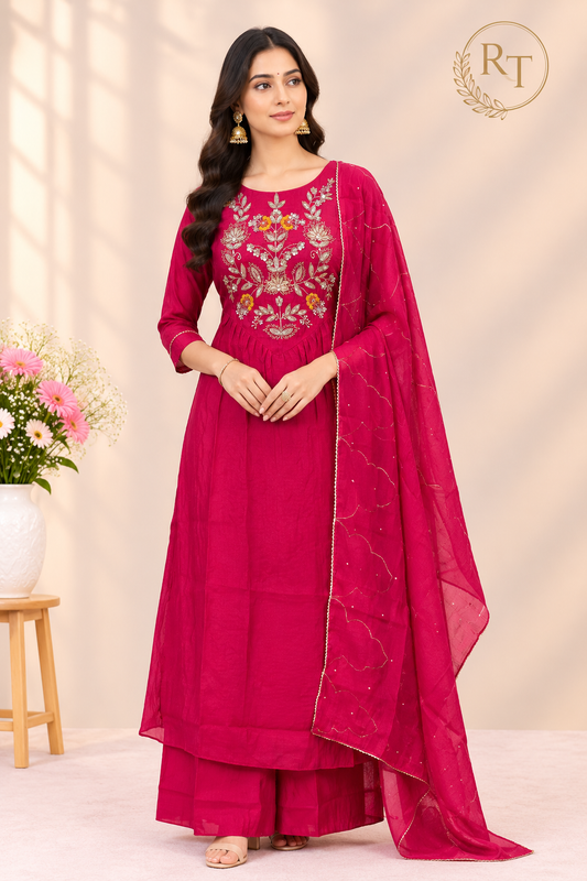 Fuchsia Pink Floral Embroidered Mull Chanderi A-Line Suit Set (RT1670)