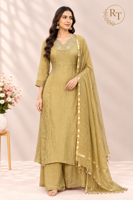 Golden Glow – Premium Mull Chanderi 3 Piece A-Line Suit Set (RT1581)