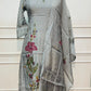 Elegant Grey Floral Mull Chanderi Kurta 3pc Set (RT 1013)
