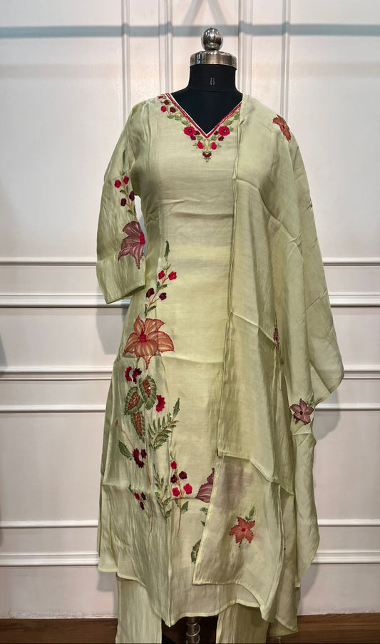 Pastel Lime Floral Mull Chanderi Kurta 3pc Set (RT 1011)