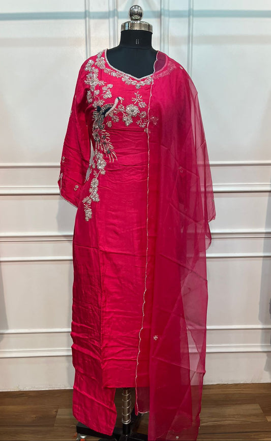 Royal Pink Embroidered Dolla Silk Kurta Pant Dupatta Set    (RT 1008)