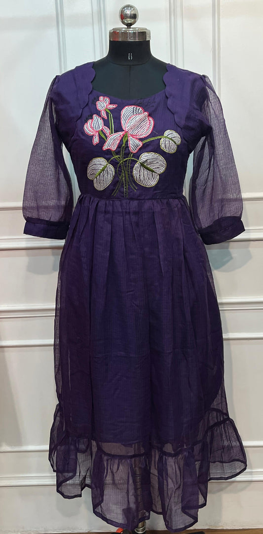 Royal Plum Bloom Embroidered Kota Anarkali Dress(RT3013)