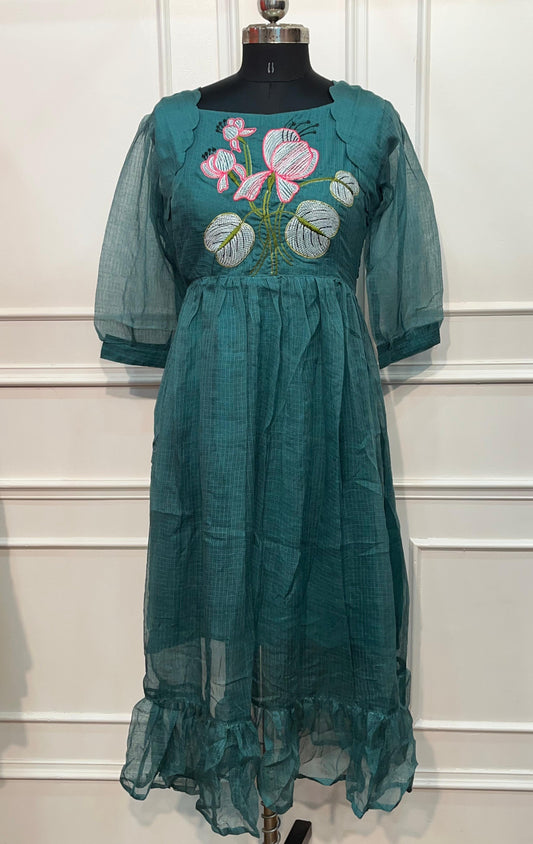 Teal Bloom Embroidered Kota Anarkali Dress(RT3011)