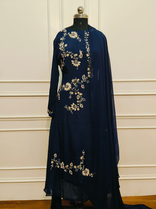 Navy Blue Chinon Hand magam Work 3pc Kurthi set 345