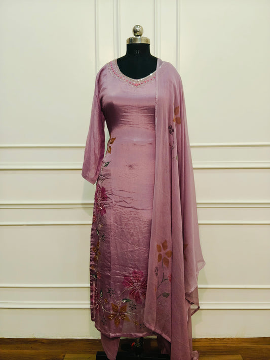 Lavender Chinon Brush Paint Magm Work 3pc Kurthi set 275