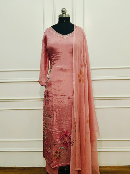 blush pinkChinon Brush Paint Magm Work 3pc Kurthi set 275