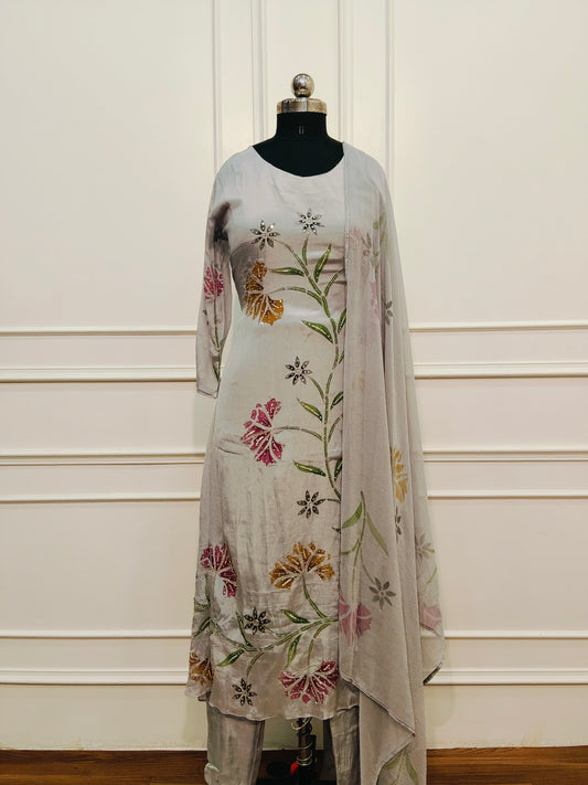 Grey Chinon Brush Paint Magm Work 3pc Kurthi set 275