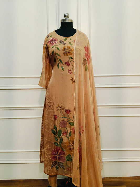 Peach Beige Chinon Brush Paint Magm Work 3pc Kurthi set 275