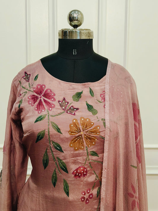 Onion pink Chinon Brush Paint Magm Work 3pc Kurthi set 275