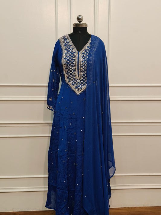 Royal Blue Chinon Hand Magam work 3pc anarkali set 385
