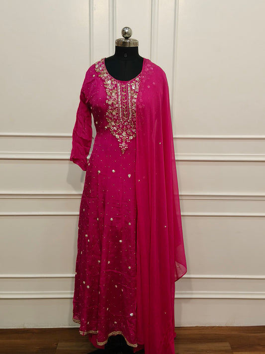 Pink Chinon Hand Magam Work Anarkali 3pc set 385