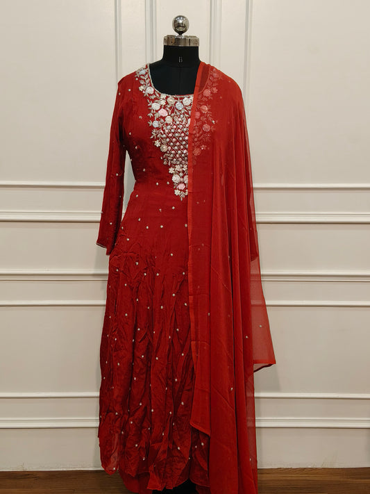 Rust Red Chinon Anarkali Set with Hand Maggam Work 345