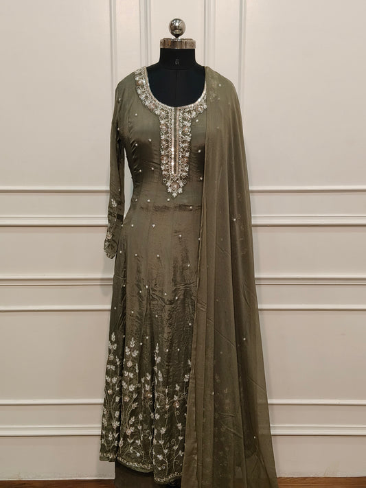 Pestal Green Chinon Anarali 3pc set with Hand Mgagam Work 425