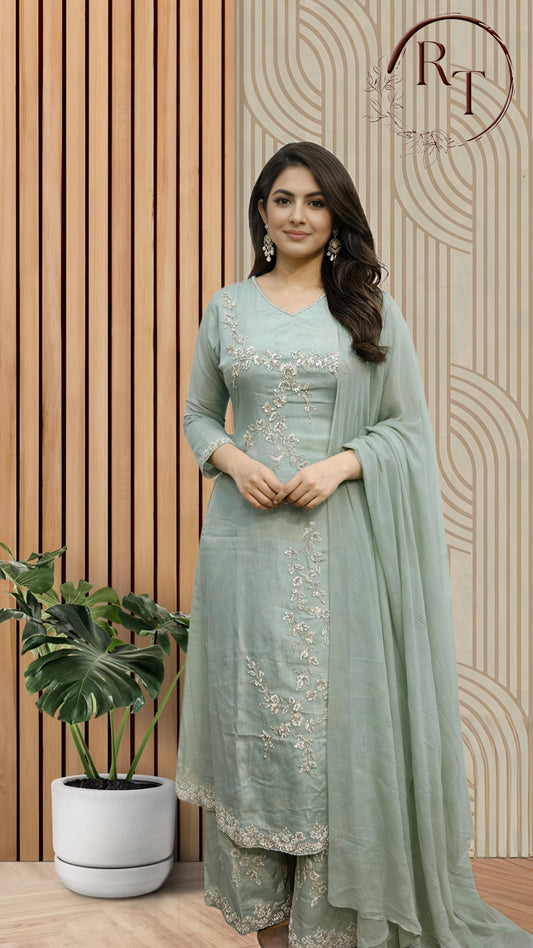 SeaGreen Chinon Hand Magam work 3pc kurthi set