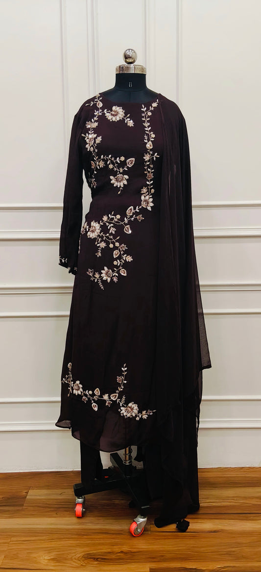 Brown Chinon Hand magam Work 3pc Kurthi set 345