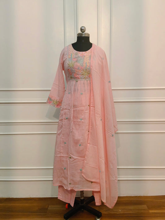 Pink MullCotton Floral Embroidered Anarkali 3pc set 145