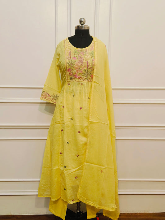 Yellow MullCotton Floral Embroidered Anarkali 3pc set 145