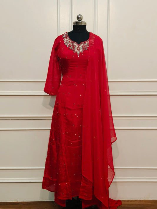 Red Chinon Hand Magam Work 3pc Anarkali set 345