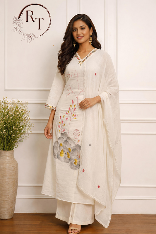 Elegant Off-White Cotton  Floral Printed 3pc Kurta Set 185