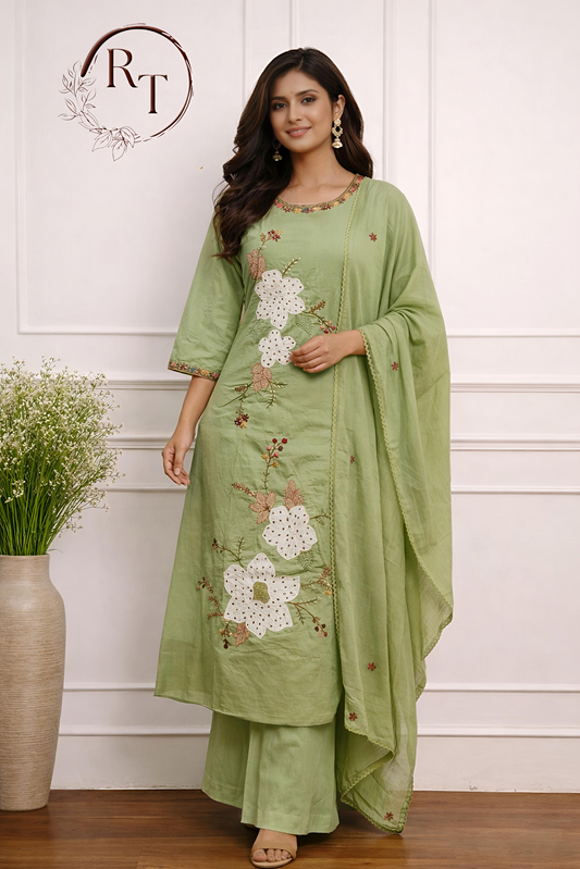 Elegant Pastel Green  Cotton Floral 3pc Kurta Set 195