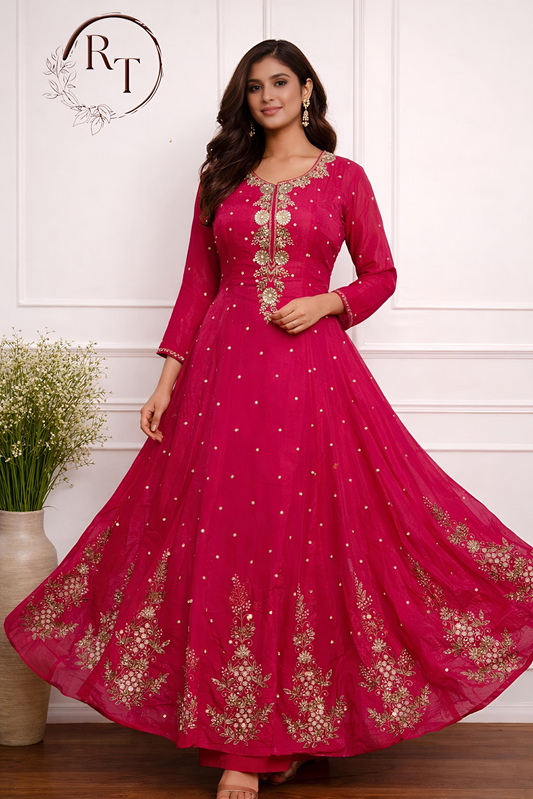 Rani pink Chinon Hand magam Work 3pc anarkali set 425