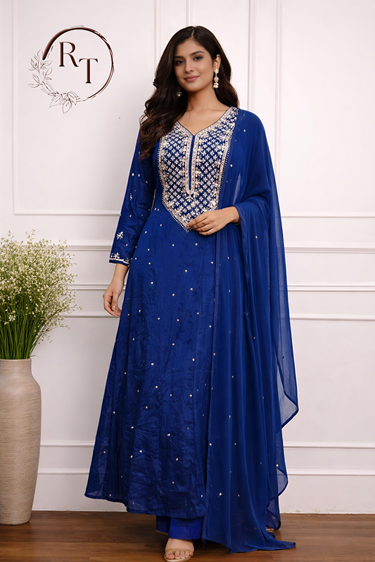 Royal Blue Chinon Hand Magam work 3pc anarkali set 385