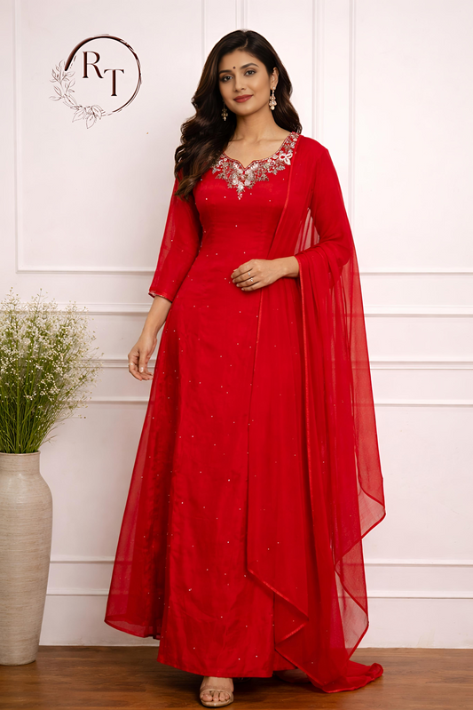 Red Chinon Hand Magam Work 3pc Anarkali set 345