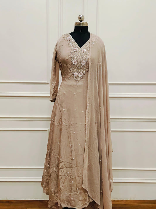 Beige Chinon Anarkali 3pc set with Hand MagamWork  365