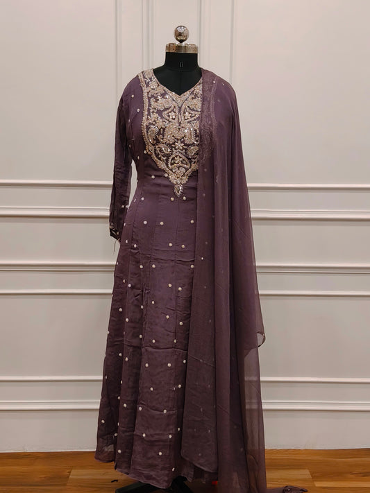 Wine Purple Chinon Anarkali 3pc set with Hand MagamWork  365