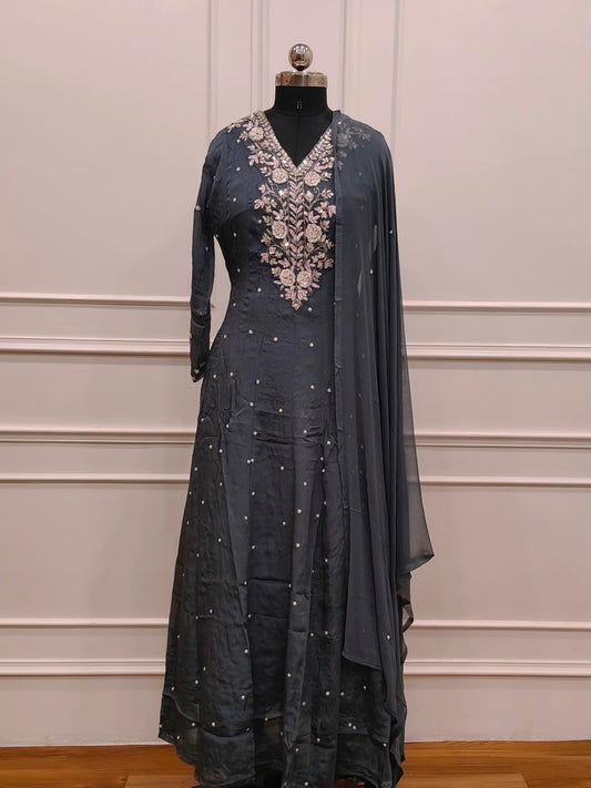 Slate Gray Chinon Anarkali 3pc set with Hand MagamWork  365