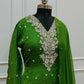 Bright Green Chinon Anarkali 3pc set with Hand MagamWork  365