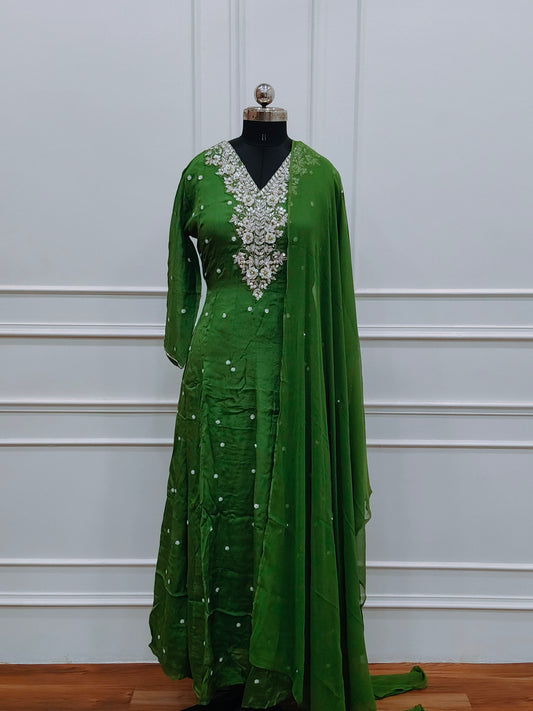 Bright Green Chinon Anarkali 3pc set with Hand MagamWork  365