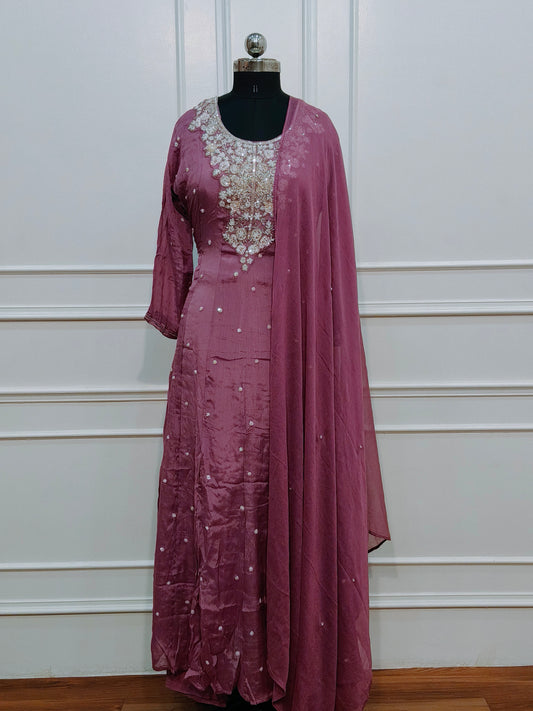 Pink Chinon Anarkali 3pc set with Hand MagamWork  365