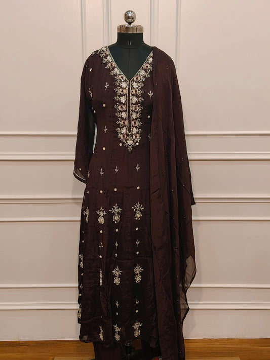 Brown Chinon Anarkali 3pc set with Hand Magam Work 425
