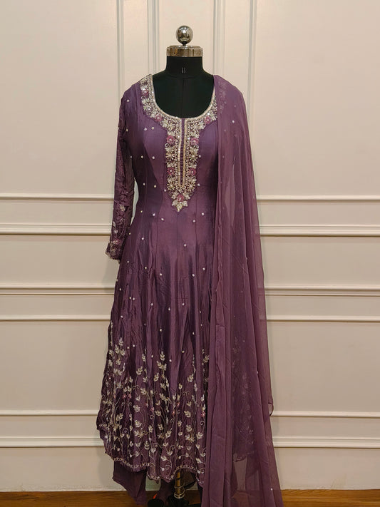 Plum Purple Chinon Anarkali 3pc set with Hand MagamWork 425