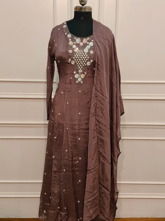 Mocha Brown Chinon Anarkali 3pc Set with Hand Maggam Work 345