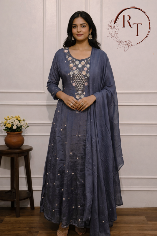 Steel Blue Chinon Hand Magam Work Anarkali 3pc set 345
