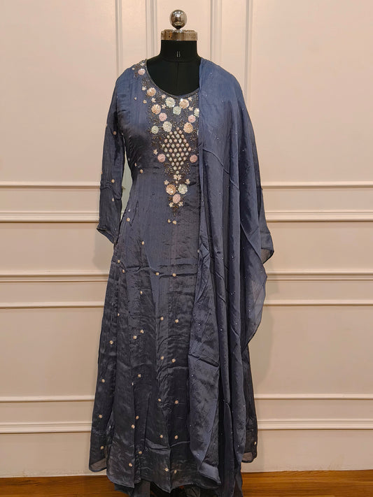 Steel Blue Chinon Hand Magam Work Anarkali 3pc set 345