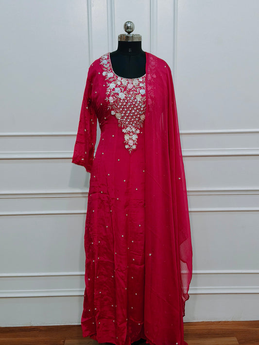 Rani Pink Chinon Hand Magam Work Anarkali 3pc set 345