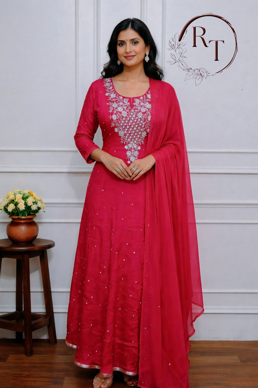 Rani Pink Chinon Hand Magam Work Anarkali 3pc set 345